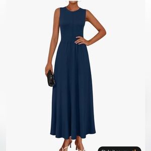 Arach&Cloz Navy Blue Maxi Dress, Sleeveless, Crew Neck, Knit Viscose, S, Women's